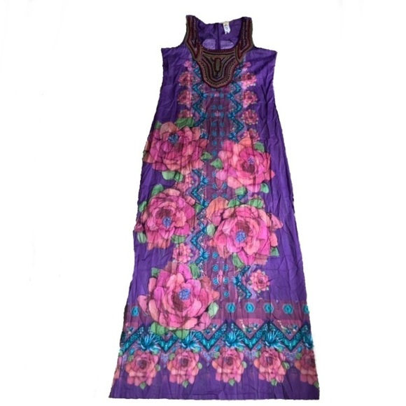 Agua Bendita Colorful Purple & Pink Cactus Floral Maxi Dress Large LIKE NEW - Picture 5 of 16